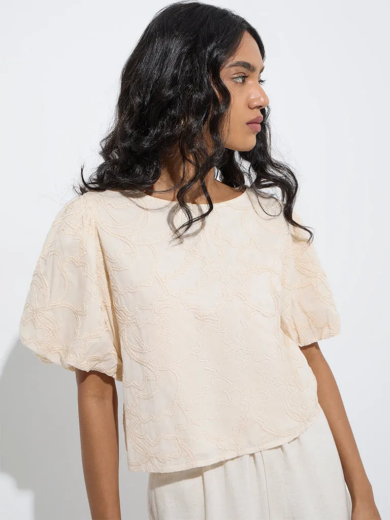 LOV Beige Embroidered Cotton Top
