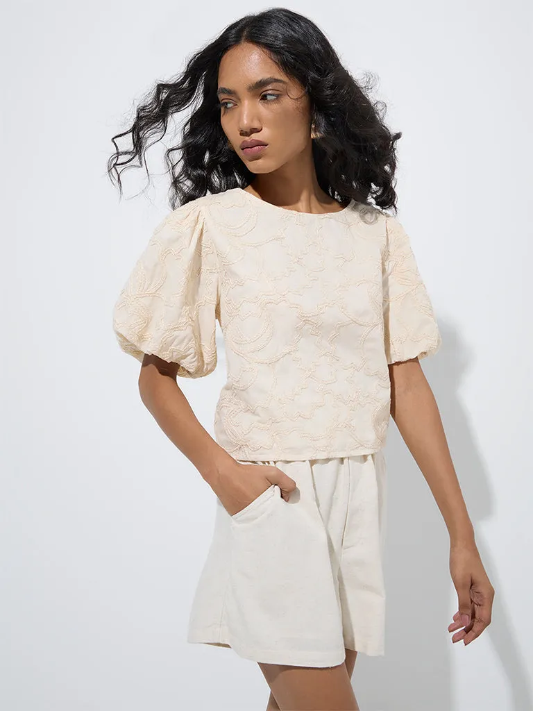 LOV Beige Embroidered Cotton Top