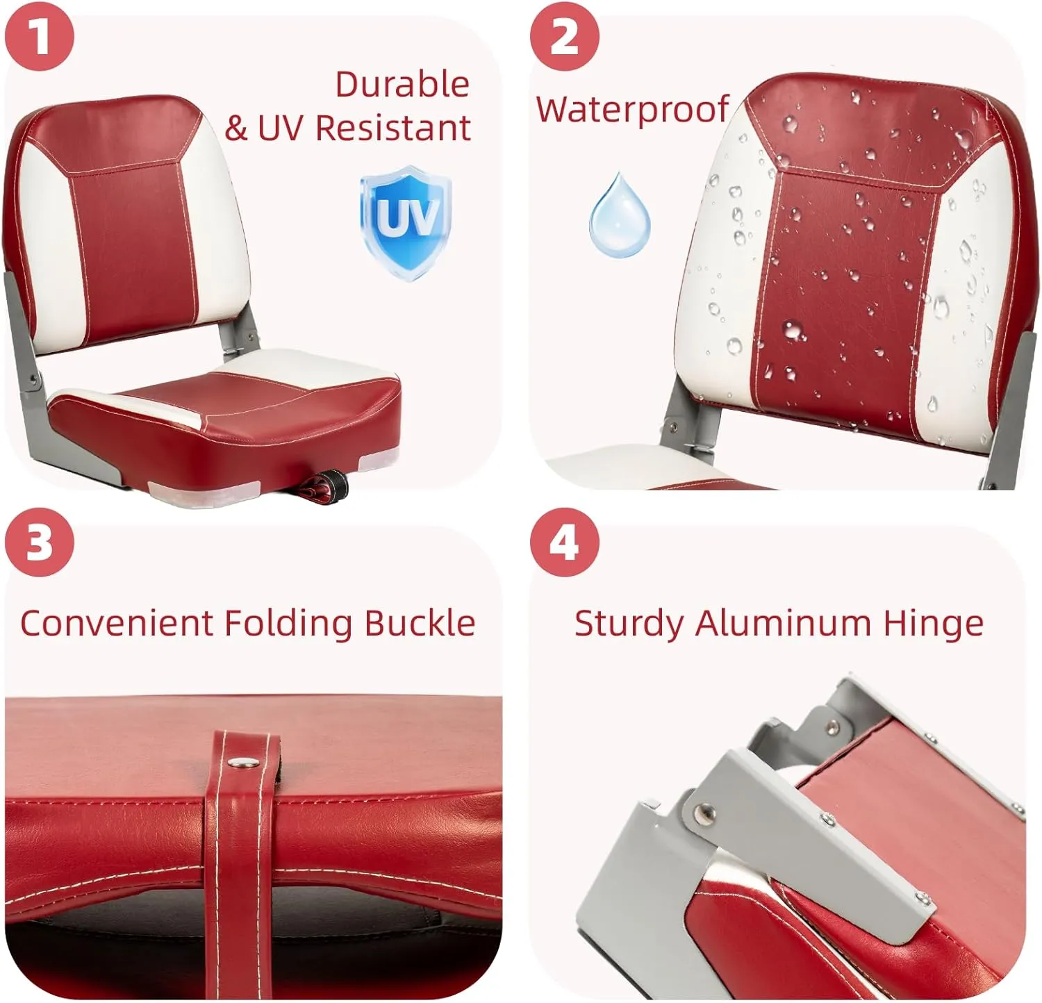 Low Back Padded Boat Seats, Folding Boat Seats, Waterproof Captain Boat Seat,1 Pack (Red & White)