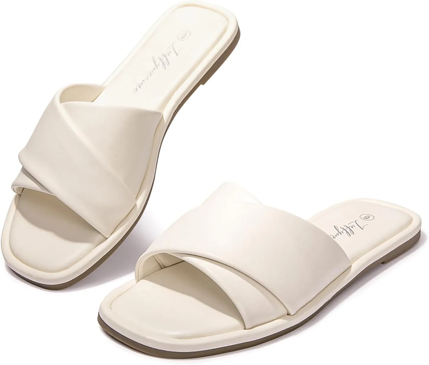 Luffymomo Womens Square Toe Flat Sandals Soft Leather Slide Sandals Cute Slip on Slippers for Summer