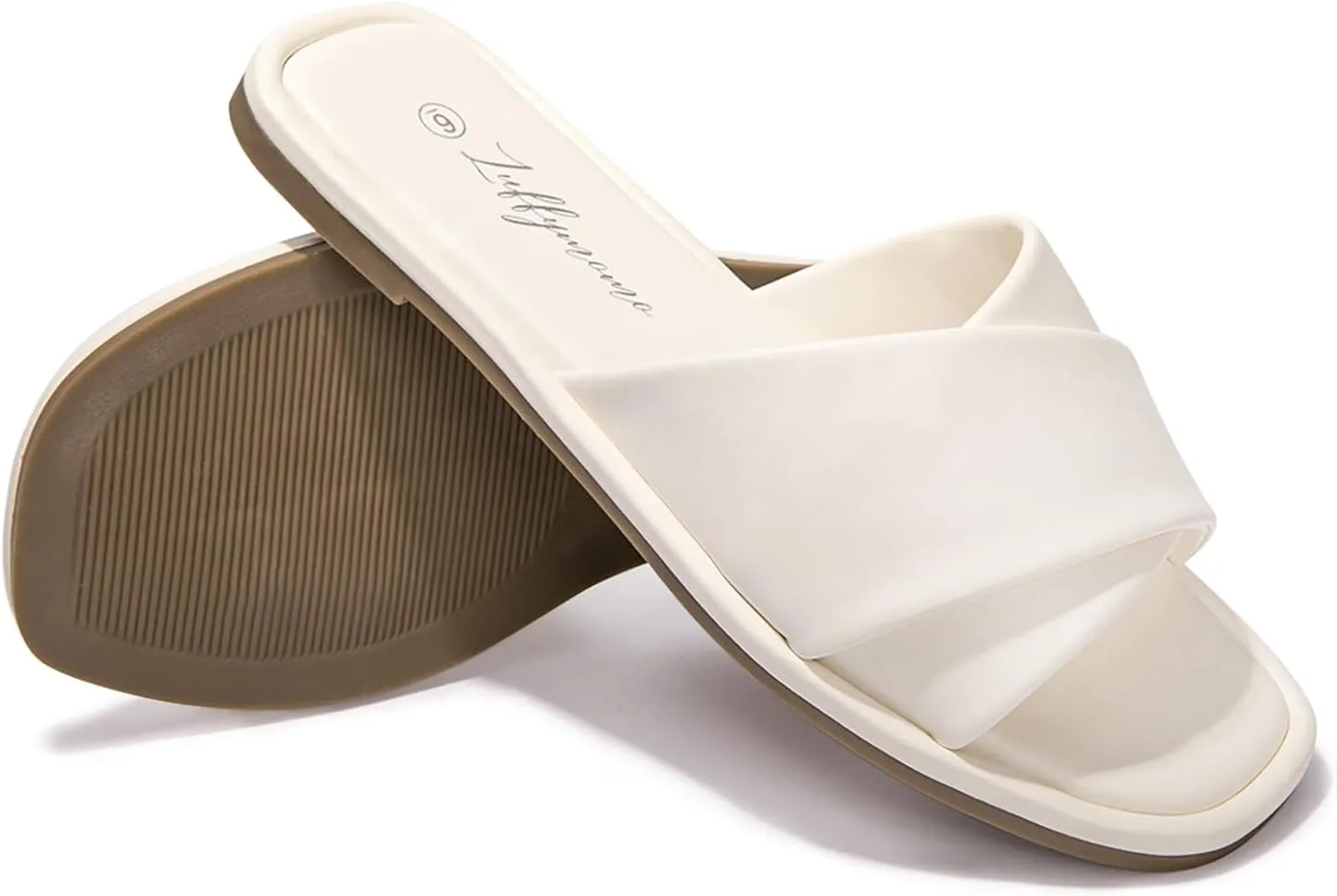 Luffymomo Womens Square Toe Flat Sandals Soft Leather Slide Sandals Cute Slip on Slippers for Summer