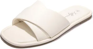 Luffymomo Womens Square Toe Flat Sandals Soft Leather Slide Sandals Cute Slip on Slippers for Summer