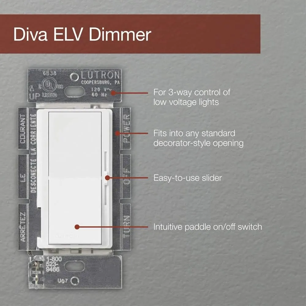 Lutron Diva Electronic Low Voltage Dimmer | 300-Watt, Single-Pole or 3-Way | DVELV-303P-BR, Brown