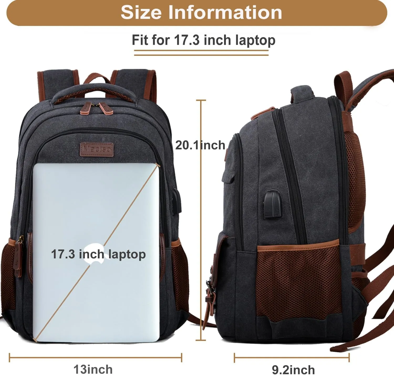 Mactso Canvas Travel Laptop Backpack for Men Women, Business Work Rucksack College Computer Bag Fits 17.3 Inch Notebook,Bookbag with USB Charging Port (Black, 17.3 Inch)