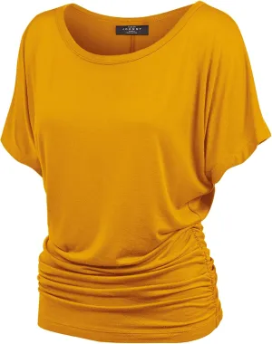 Made By Johnny Women's Casual Solid Short Sleeve Boat Neck/V Neck Dolman Top T Shirt with Side Shirring