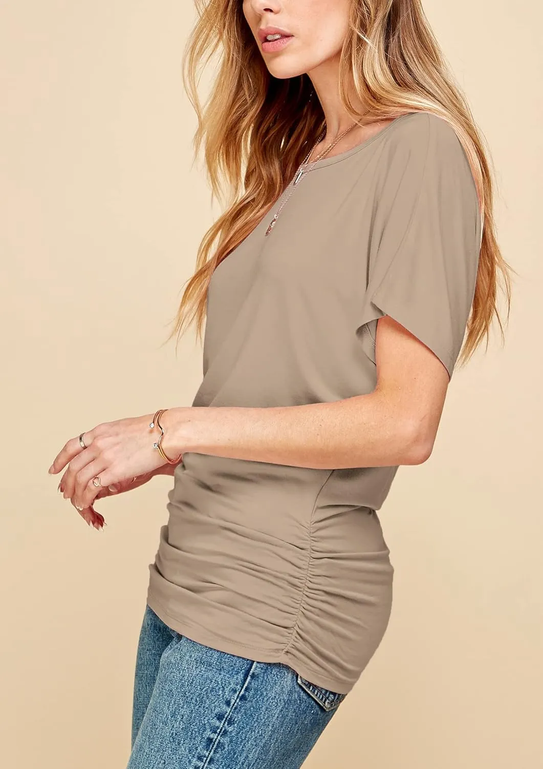 Made By Johnny Women's Casual Solid Short Sleeve Boat Neck/V Neck Dolman Top T Shirt with Side Shirring