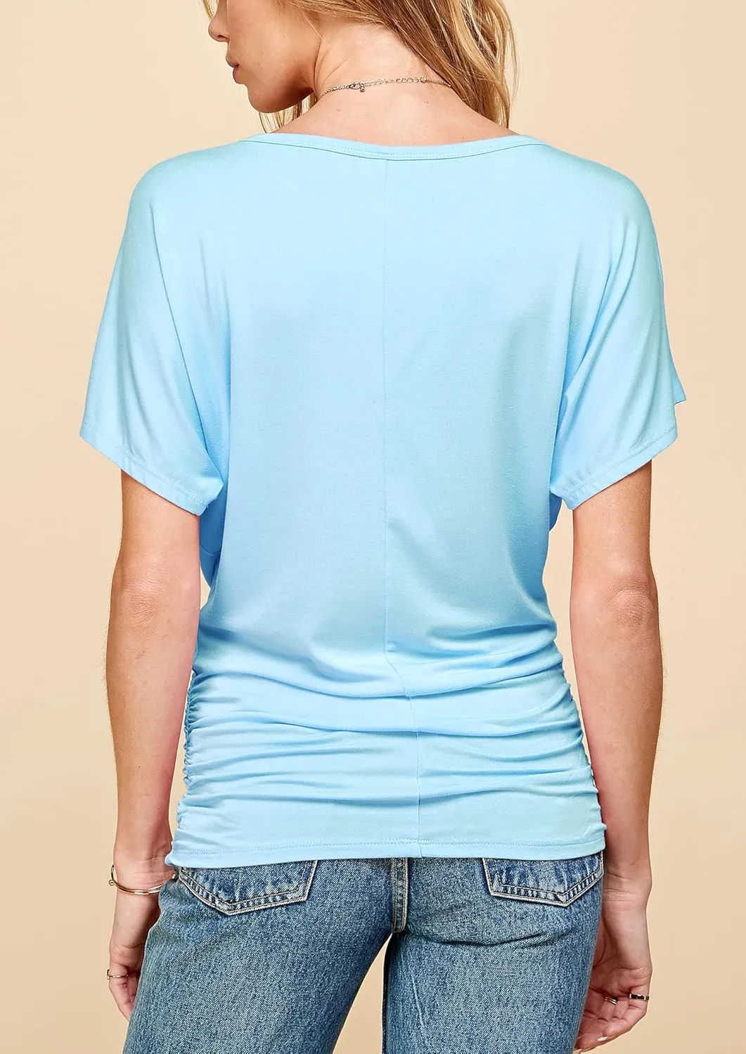 Made By Johnny Women's Casual Solid Short Sleeve Boat Neck/V Neck Dolman Top T Shirt with Side Shirring