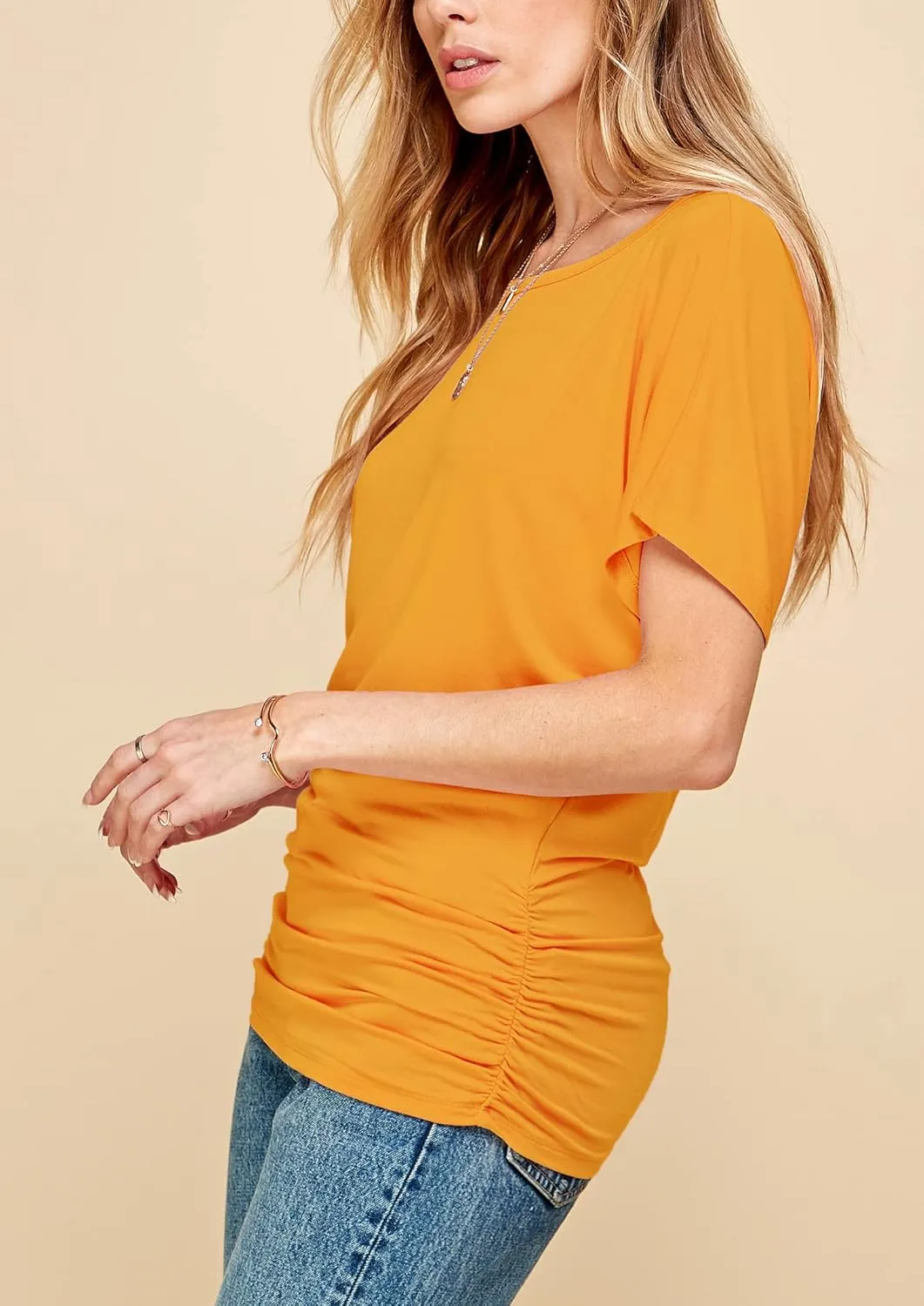 Made By Johnny Women's Casual Solid Short Sleeve Boat Neck/V Neck Dolman Top T Shirt with Side Shirring