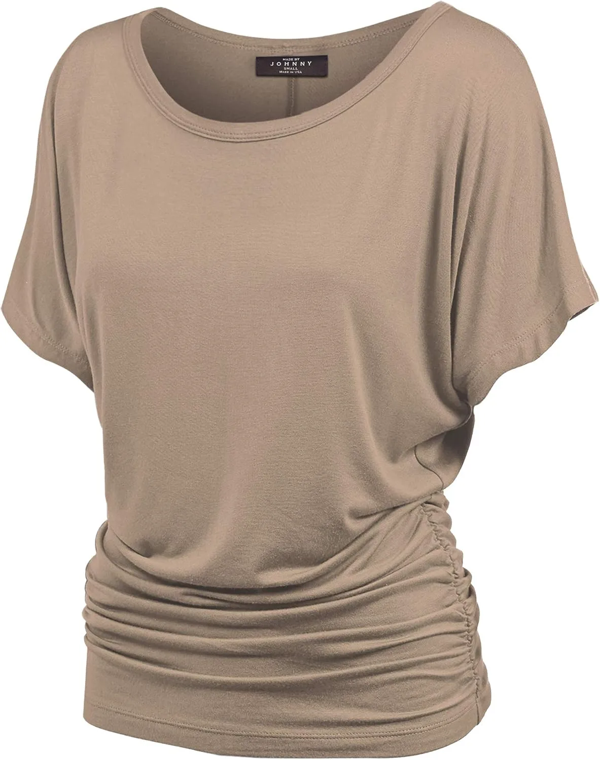 Made By Johnny Women's Casual Solid Short Sleeve Boat Neck/V Neck Dolman Top T Shirt with Side Shirring