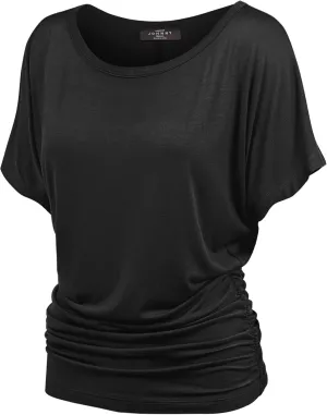 Made By Johnny Women's Casual Solid Short Sleeve Boat Neck/V Neck Dolman Top T Shirt with Side Shirring