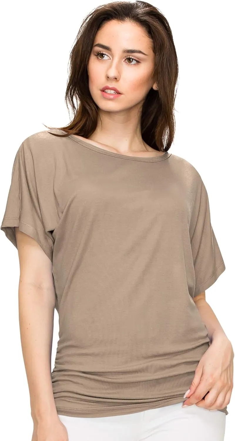 Made By Johnny Women's Casual Solid Short Sleeve Boat Neck/V Neck Dolman Top T Shirt with Side Shirring