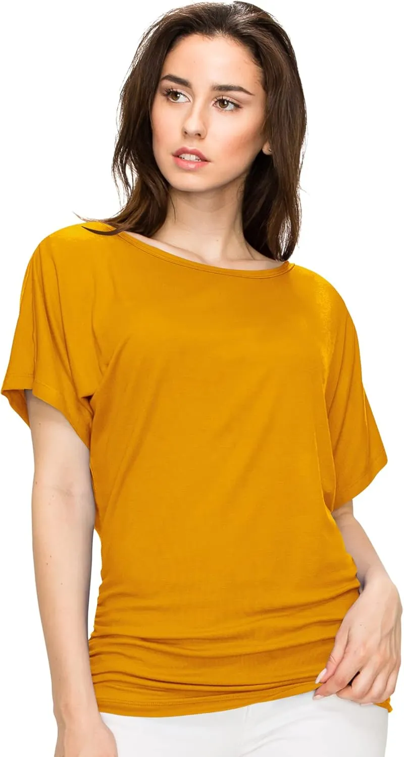 Made By Johnny Women's Casual Solid Short Sleeve Boat Neck/V Neck Dolman Top T Shirt with Side Shirring