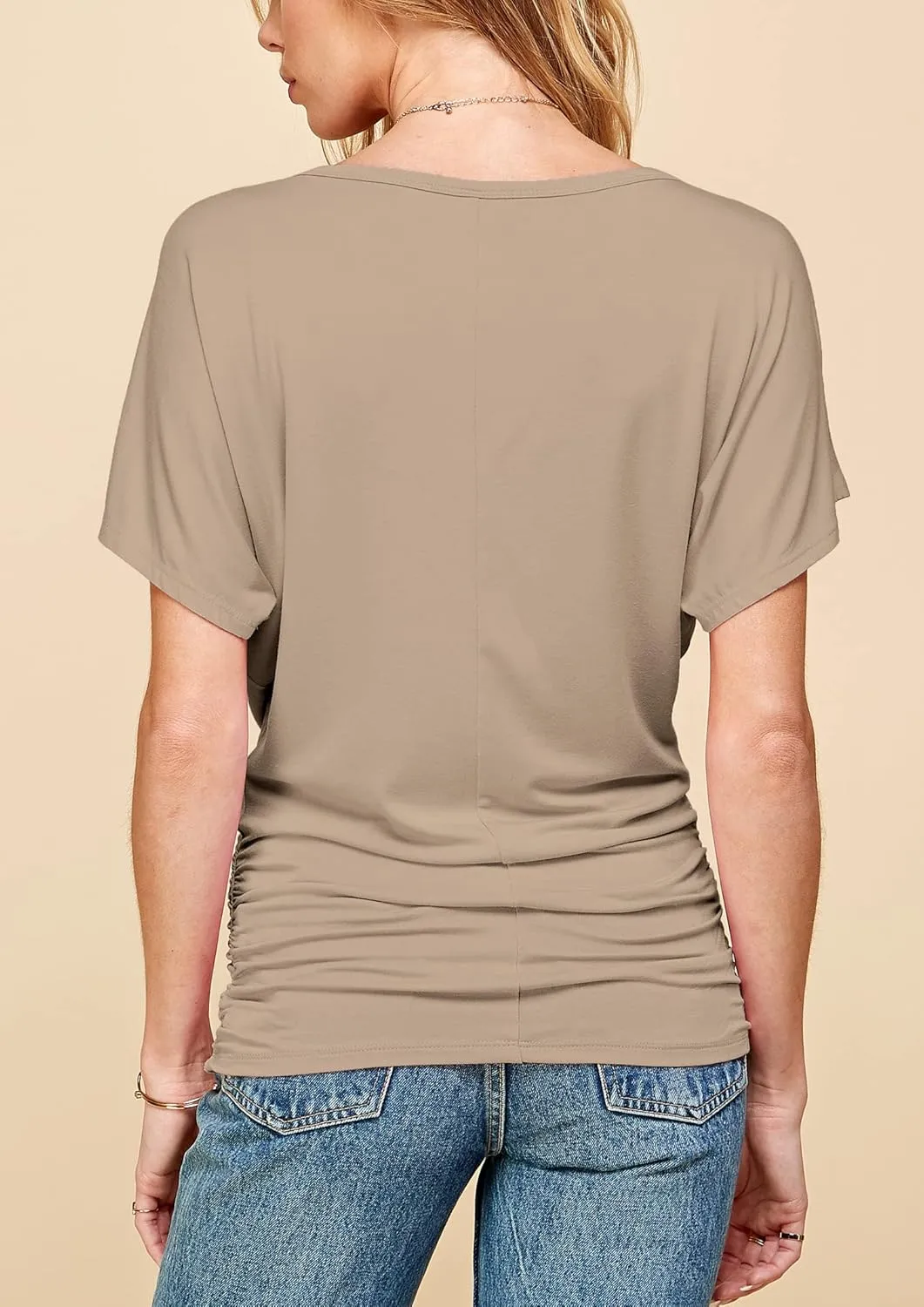 Made By Johnny Women's Casual Solid Short Sleeve Boat Neck/V Neck Dolman Top T Shirt with Side Shirring