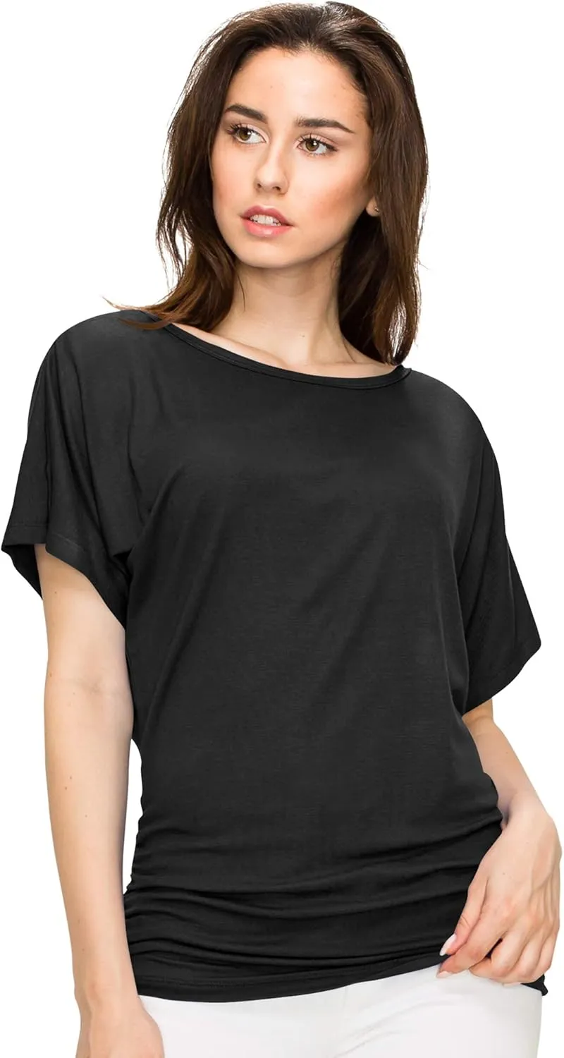 Made By Johnny Women's Casual Solid Short Sleeve Boat Neck/V Neck Dolman Top T Shirt with Side Shirring