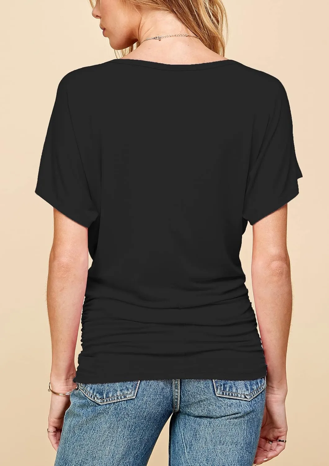 Made By Johnny Women's Casual Solid Short Sleeve Boat Neck/V Neck Dolman Top T Shirt with Side Shirring