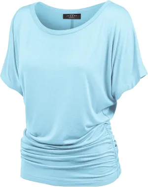 Made By Johnny Women's Casual Solid Short Sleeve Boat Neck/V Neck Dolman Top T Shirt with Side Shirring