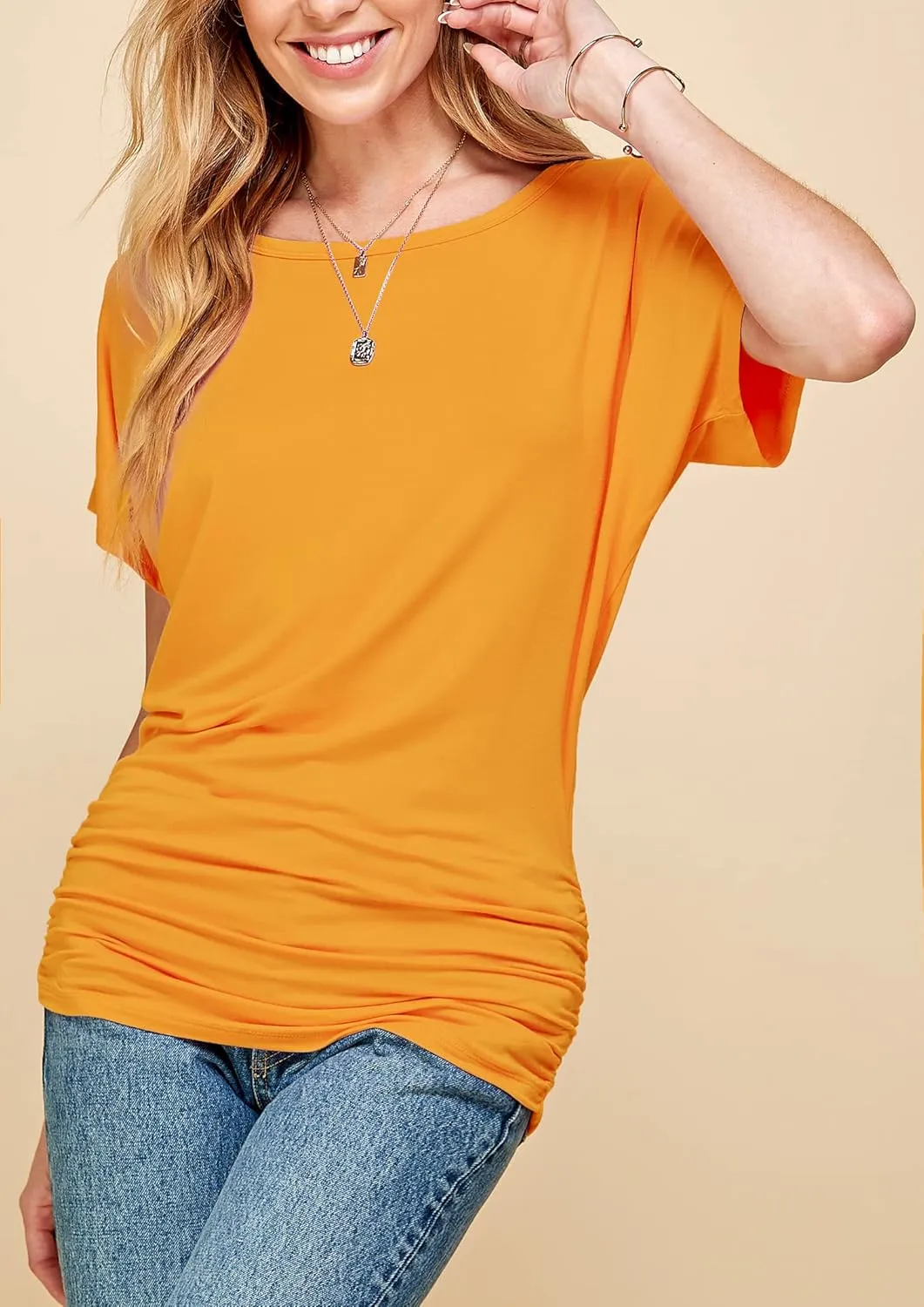 Made By Johnny Women's Casual Solid Short Sleeve Boat Neck/V Neck Dolman Top T Shirt with Side Shirring