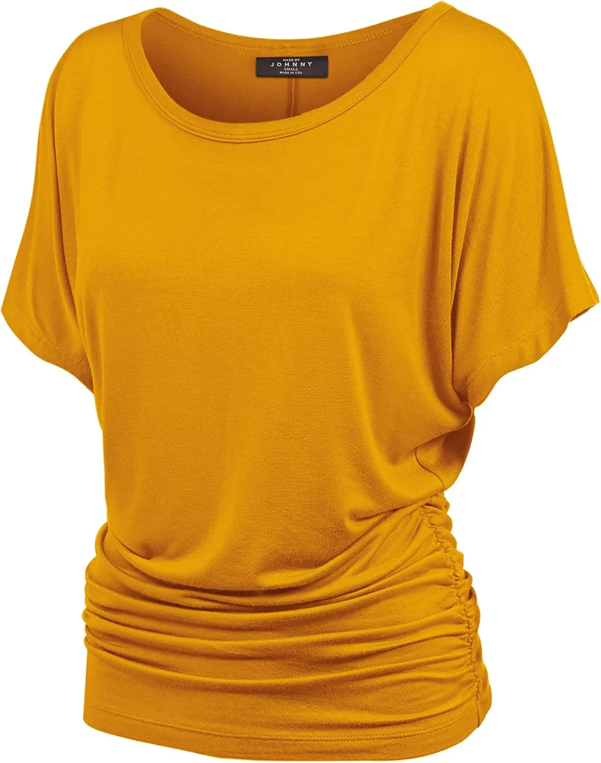 Made By Johnny Women's Casual Solid Short Sleeve Boat Neck/V Neck Dolman Top T Shirt with Side Shirring