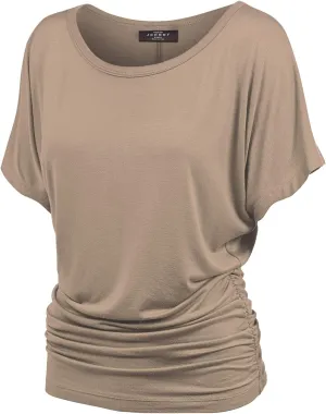 Made By Johnny Women's Casual Solid Short Sleeve Boat Neck/V Neck Dolman Top T Shirt with Side Shirring