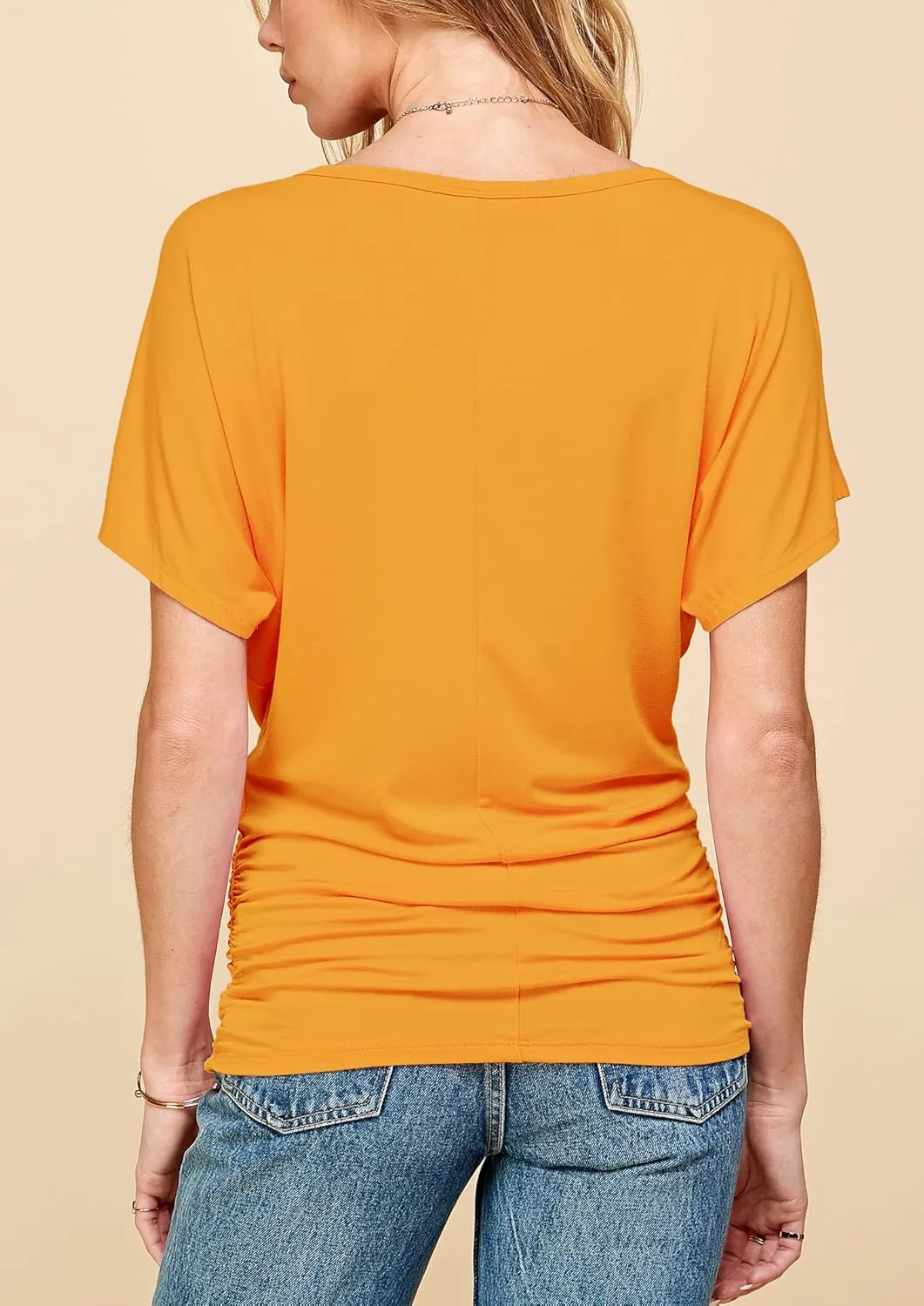 Made By Johnny Women's Casual Solid Short Sleeve Boat Neck/V Neck Dolman Top T Shirt with Side Shirring