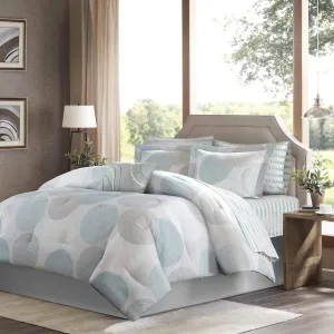 Madison Park Essentials Bed in a Bag Comforter, Vibrant Color Design All Season Down Alternative Cover with Complete Cotton Sheet Set, King(104"x92"), Knowles, Circular Aqua, 9 Piece