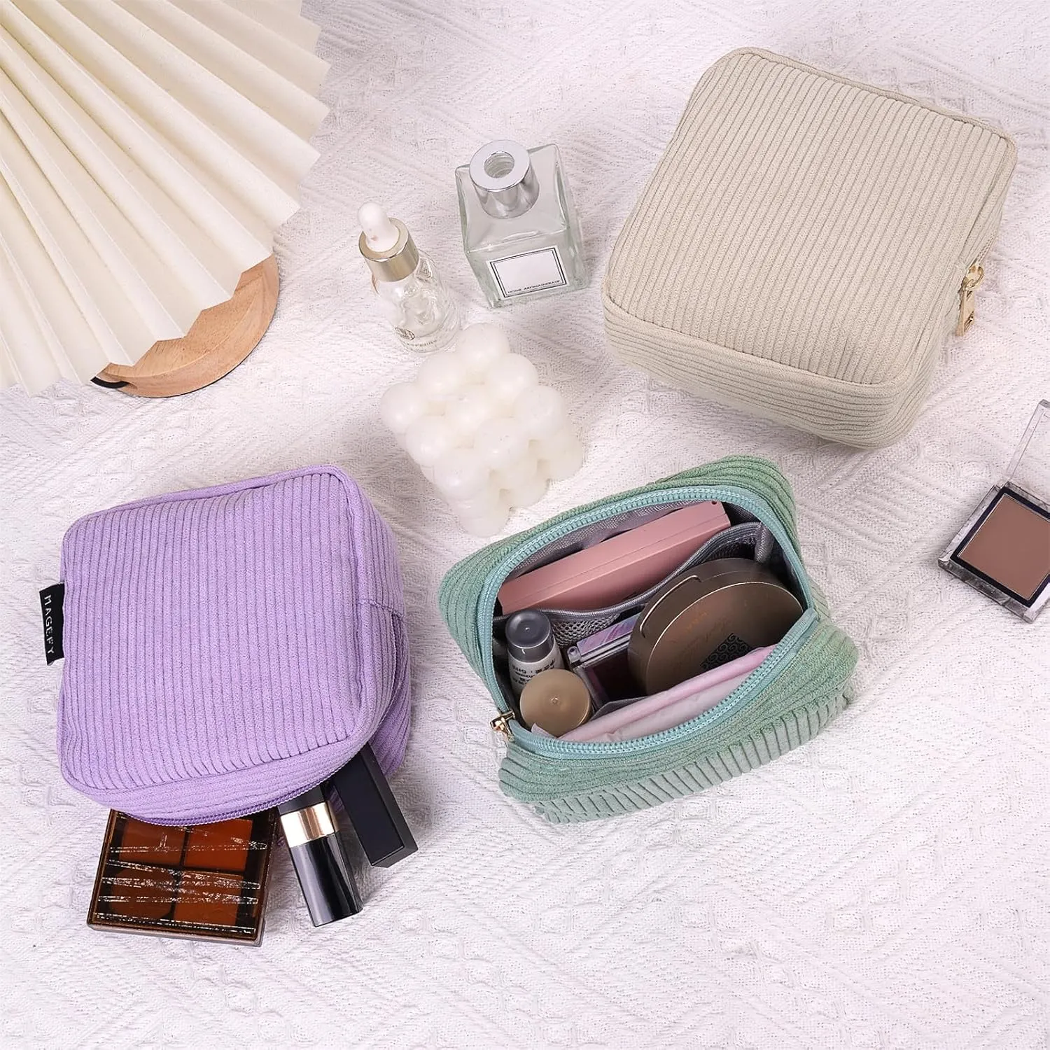 MAGEFY Small Makeup Bag for Purse Mini Cosmetics Bag Corduroy Cute Cosmetic Pouch for Women with Slip-in Pockets
