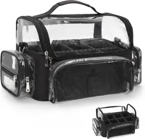 Makeup Brush Bag, Makeup Brush Case for Makeup Artist with Plastic Dividers Washable, Portable Travel Makeup Train Case with Clear Waterproof Cover for Easy to Clean and Find with Adjustable Strap
