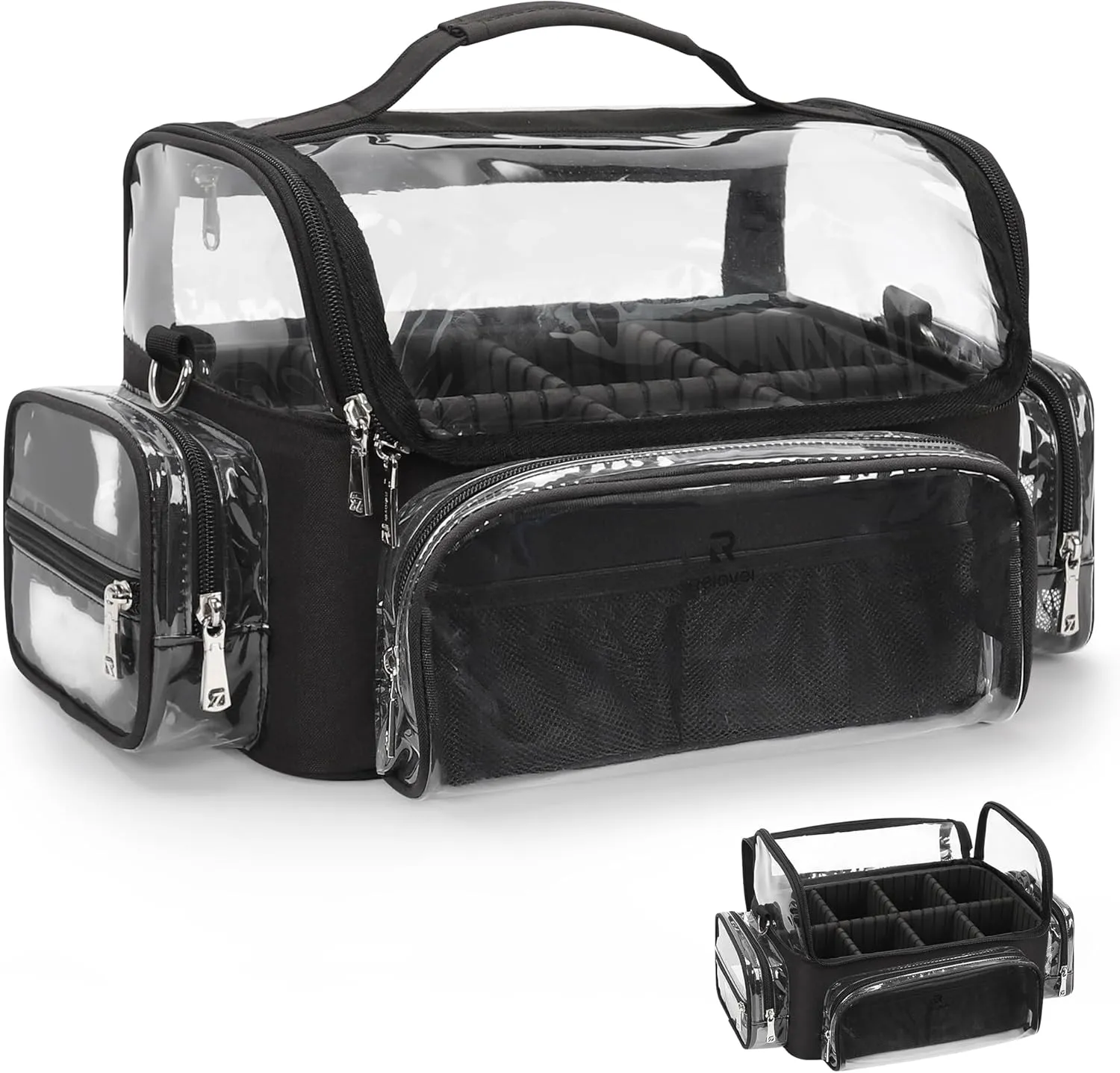 Makeup Brush Bag, Makeup Brush Case for Makeup Artist with Plastic Dividers Washable, Portable Travel Makeup Train Case with Clear Waterproof Cover for Easy to Clean and Find with Adjustable Strap