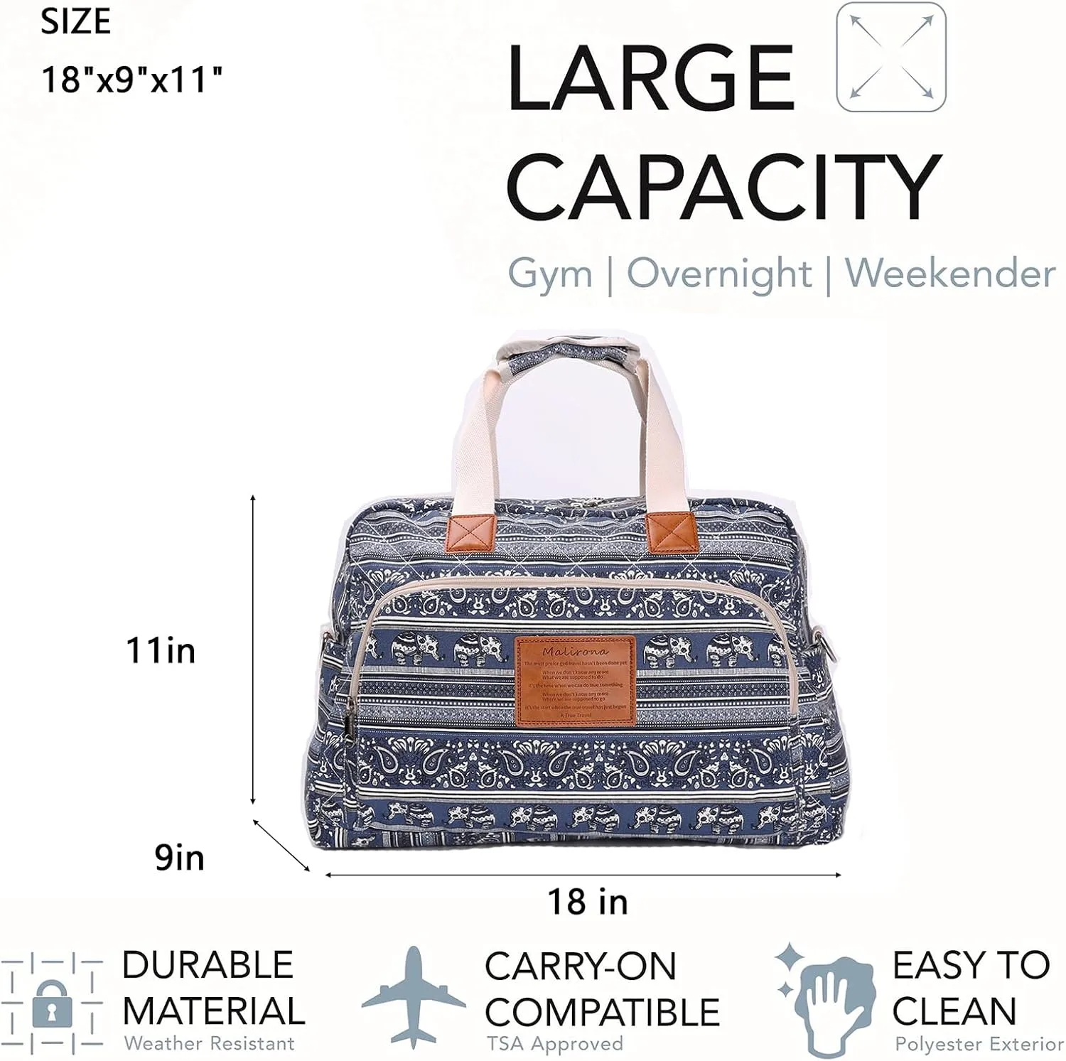Malirona Canvas Overnight Bag Women Weekender Bag Carry On Travel Duffel Bag Floral