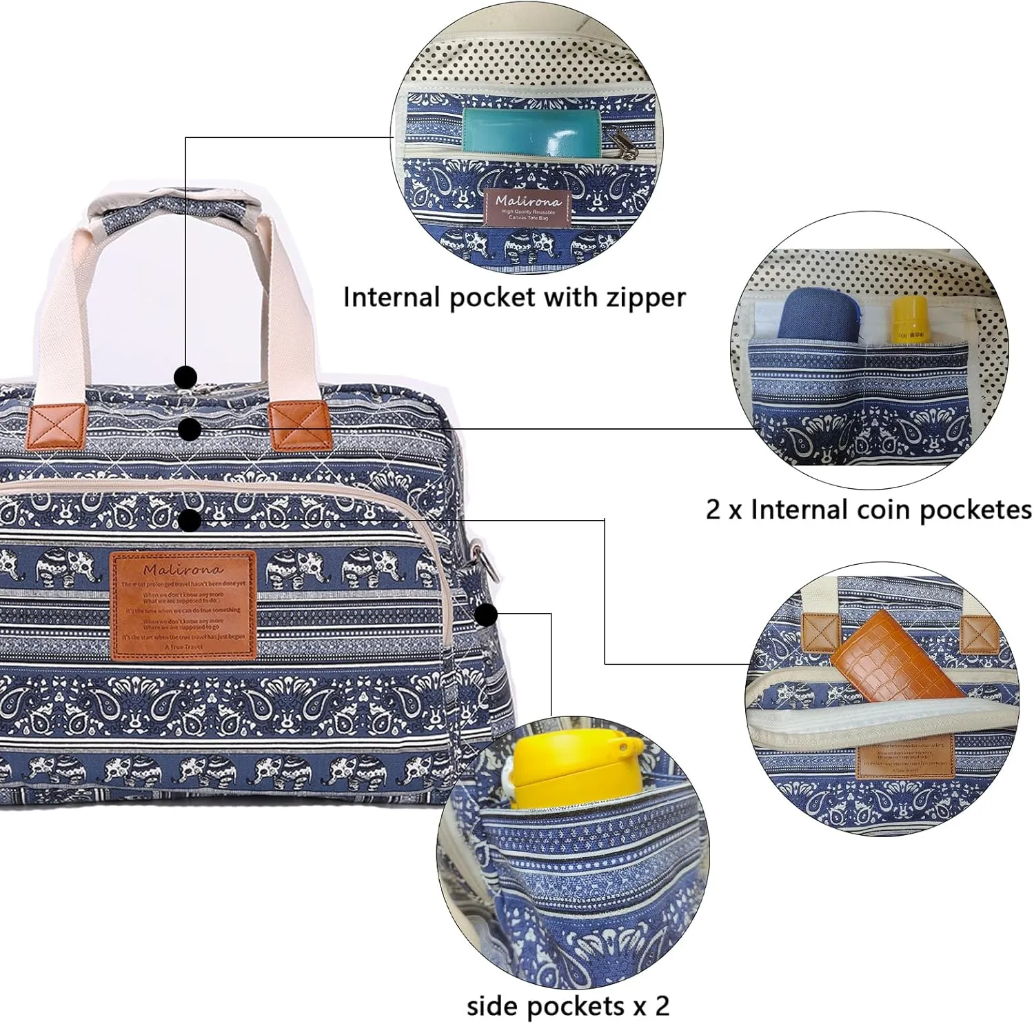 Malirona Canvas Overnight Bag Women Weekender Bag Carry On Travel Duffel Bag Floral