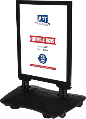M&T Displays Slide-in WindPro Weather and Wind Resistant Outdoor Pavement Sidewalk Sign for 24x36 Posters Black Aluminum Easy Loading Slide-in Frame with Durable HDPE Black Water Base