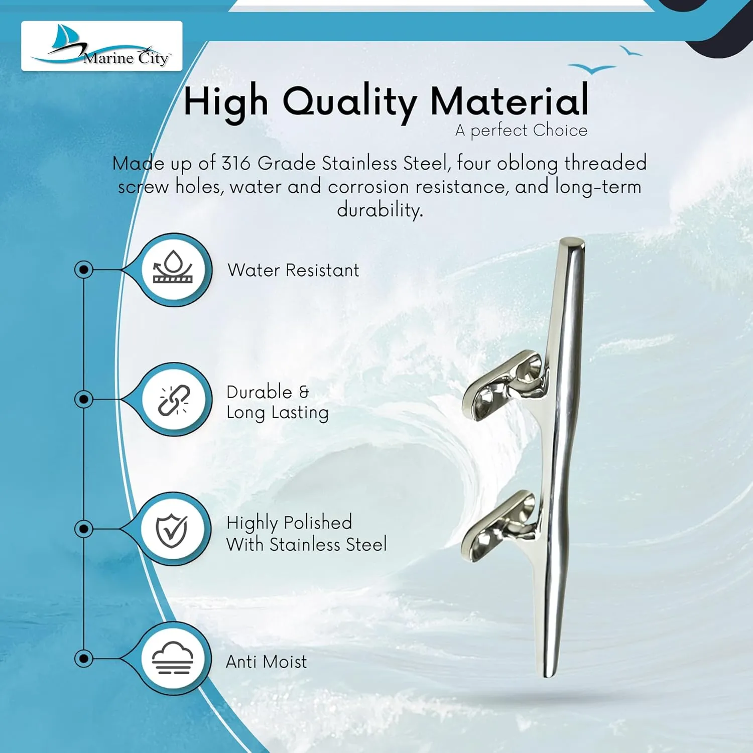 MARINE CITY 316 Stainless Steel Open Base Cleat - Hollow Base Deck Mooring Rope Tie Cleat, 8 Inches - Ideal for Boats (1 Pcs)