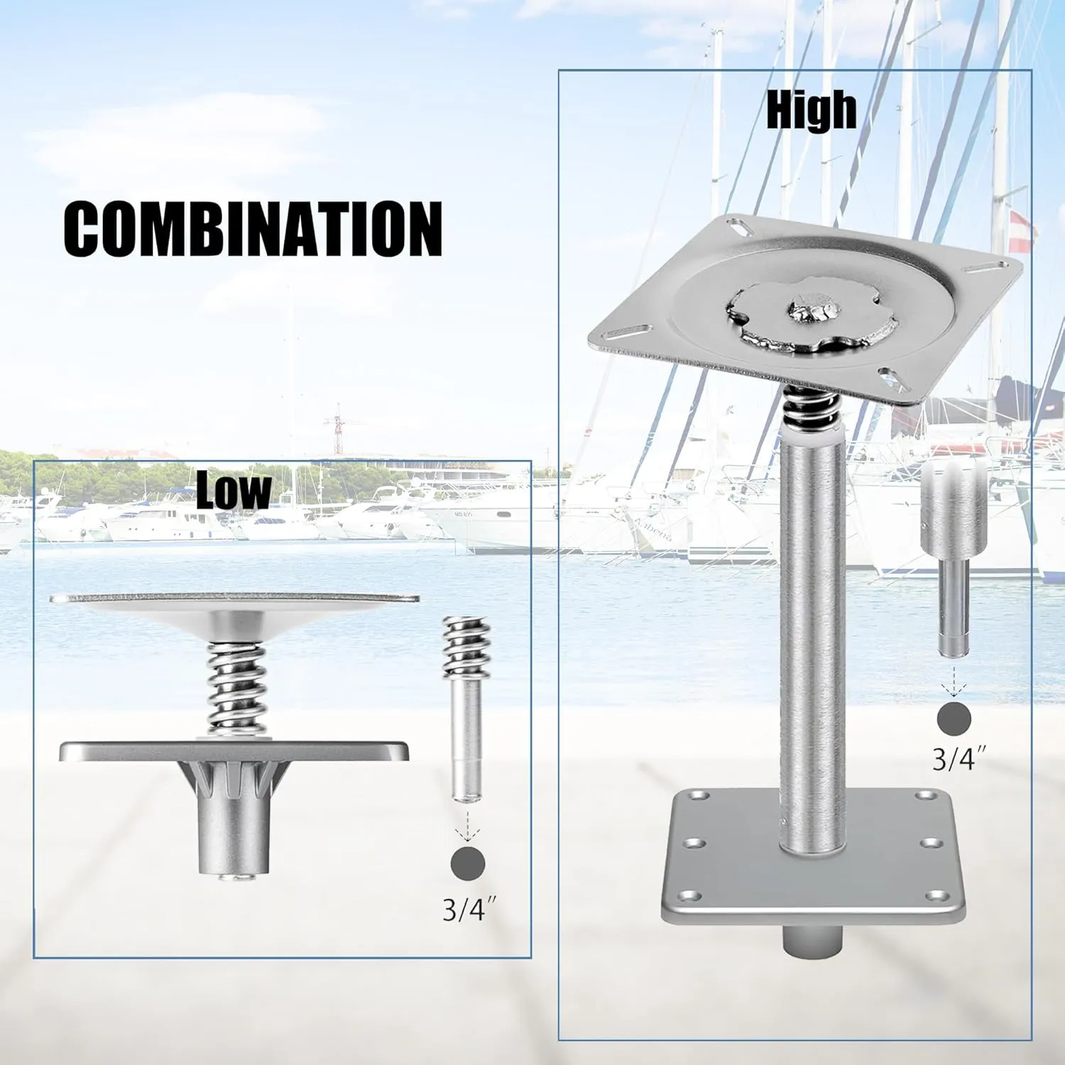 Marine-Grade Boat Seat Pin Mount,Swivel Base for 3/4" Pin,Shock-Absorbing Pedestal,Easy Install for Pontoon, Fishing, Jon, Bass Boats (2 Pack Silver)