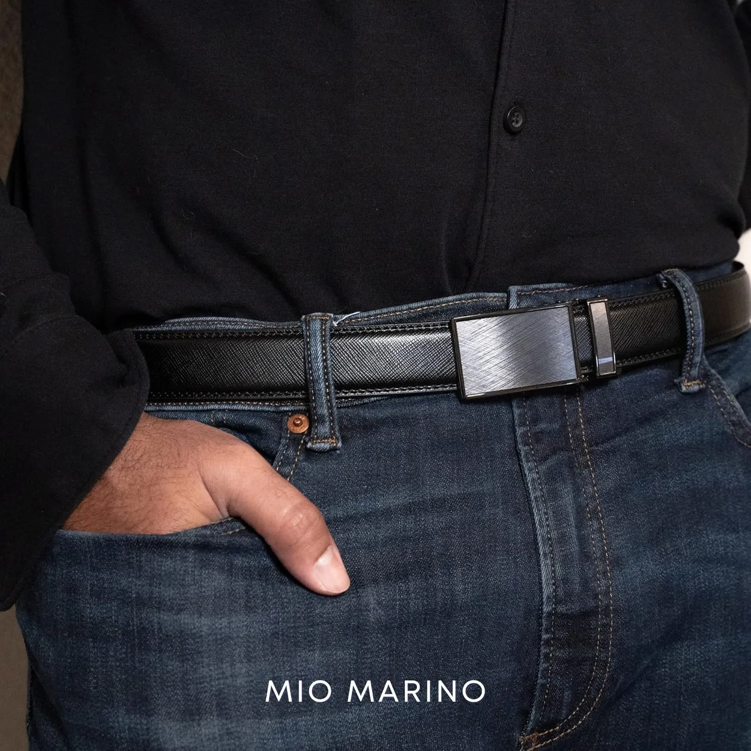 Marino Avenue Ratchet Belt for Men. Adjustable Leather Dress Belt with 38 Easy to Click Into Place Ratchet Closures.