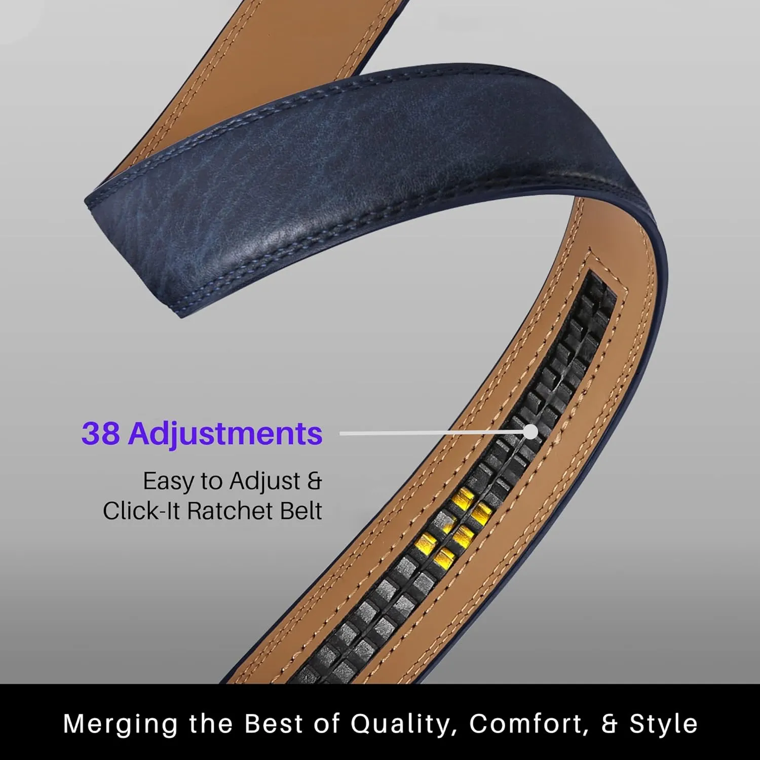 Marino Avenue Ratchet Belt for Men. Adjustable Leather Dress Belt with 38 Easy to Click Into Place Ratchet Closures.