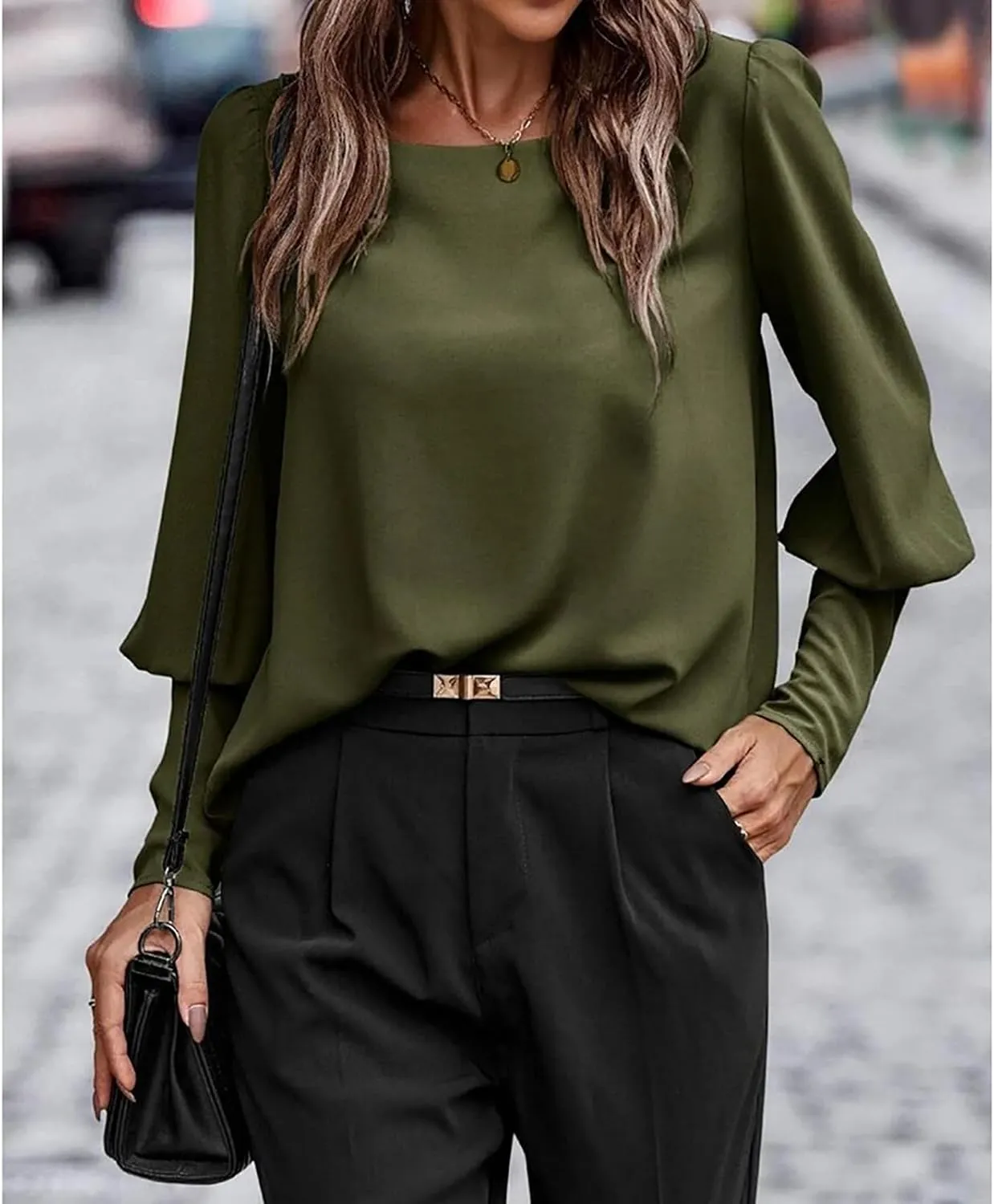 Mayntop Women Lantern Sleeve Top Round-Neck Solid Loose Shirt OL Work Elegant Blouse