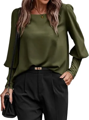 Mayntop Women Lantern Sleeve Top Round-Neck Solid Loose Shirt OL Work Elegant Blouse
