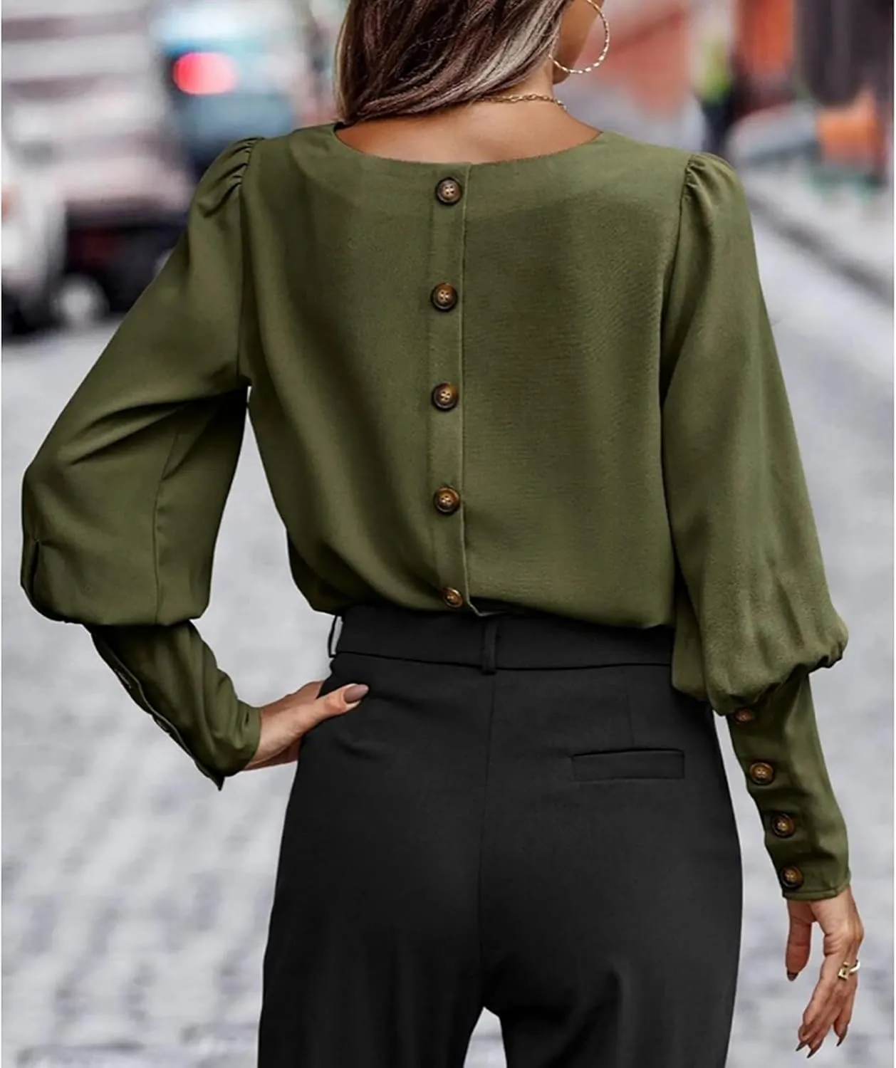 Mayntop Women Lantern Sleeve Top Round-Neck Solid Loose Shirt OL Work Elegant Blouse