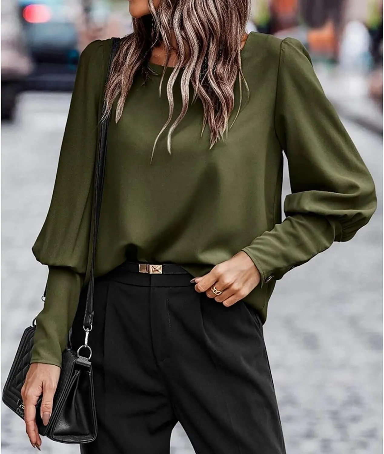Mayntop Women Lantern Sleeve Top Round-Neck Solid Loose Shirt OL Work Elegant Blouse