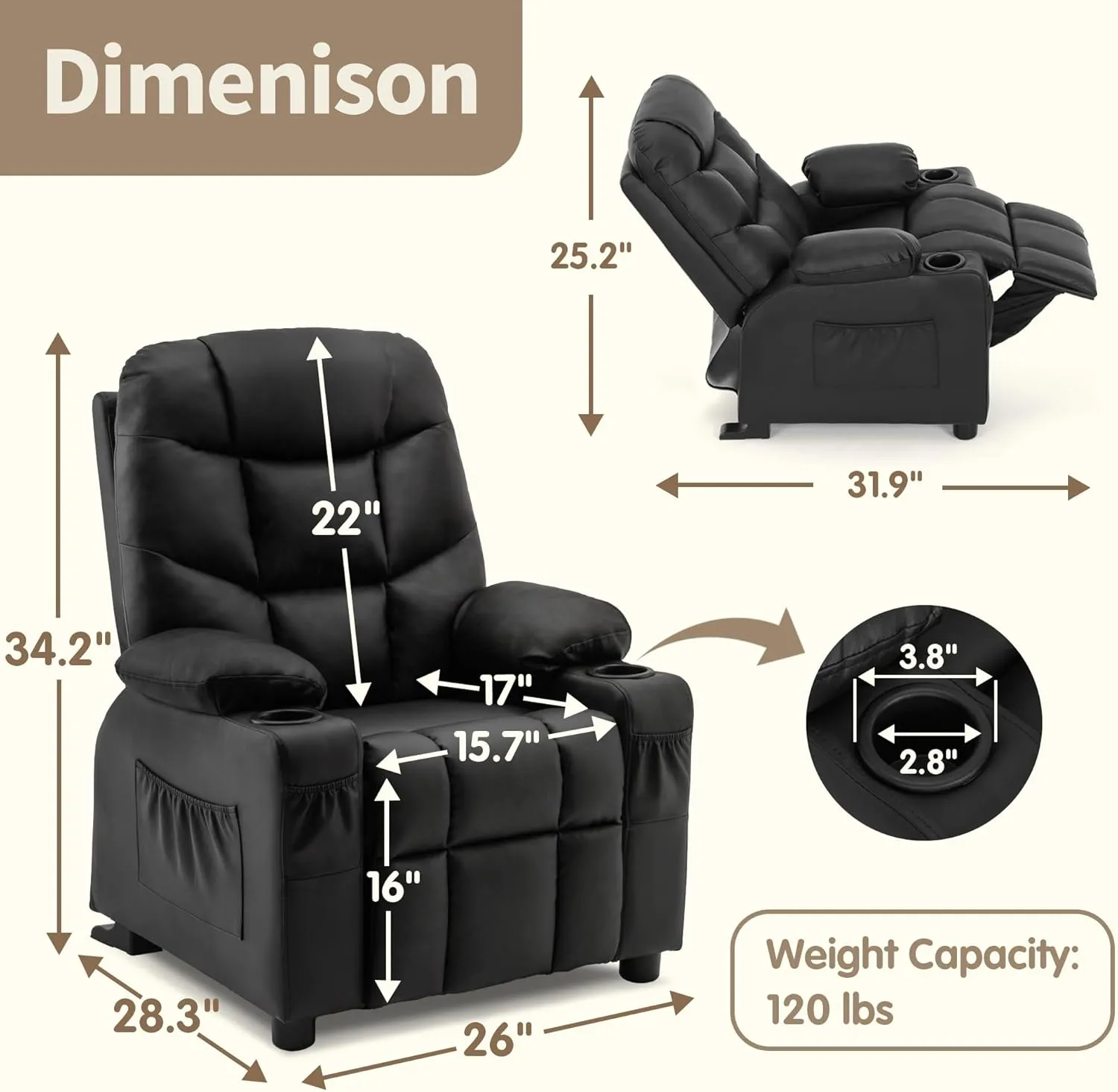 MCombo Big Kids Recliner for Ages 3 , Child Reclining Chair, Toddlers Recliner Sofa with Cup Holders (Faux Leather, Black)