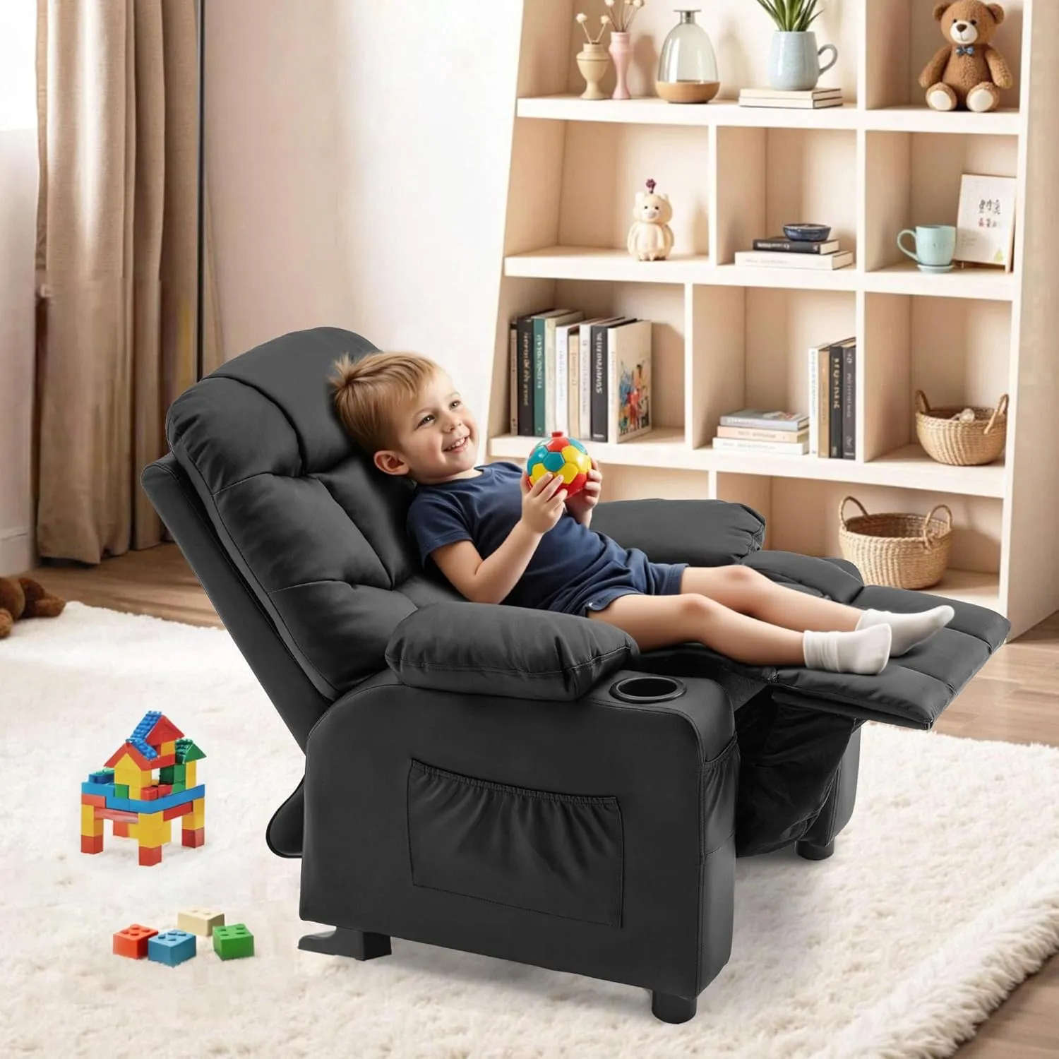 MCombo Big Kids Recliner for Ages 3 , Child Reclining Chair, Toddlers Recliner Sofa with Cup Holders (Faux Leather, Black)