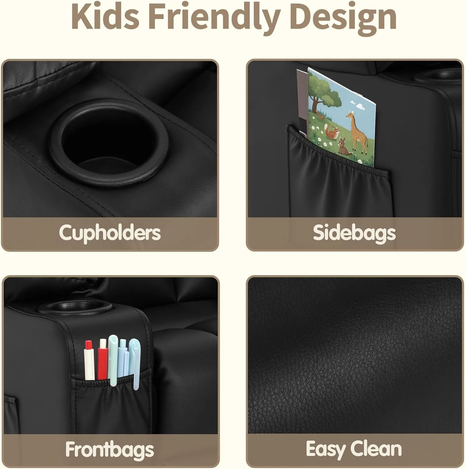 MCombo Big Kids Recliner for Ages 3 , Child Reclining Chair, Toddlers Recliner Sofa with Cup Holders (Faux Leather, Black)