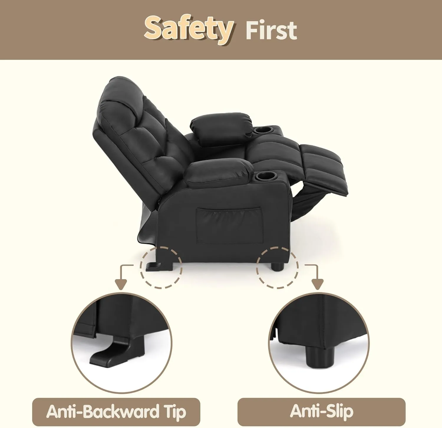 MCombo Big Kids Recliner for Ages 3 , Child Reclining Chair, Toddlers Recliner Sofa with Cup Holders (Faux Leather, Black)