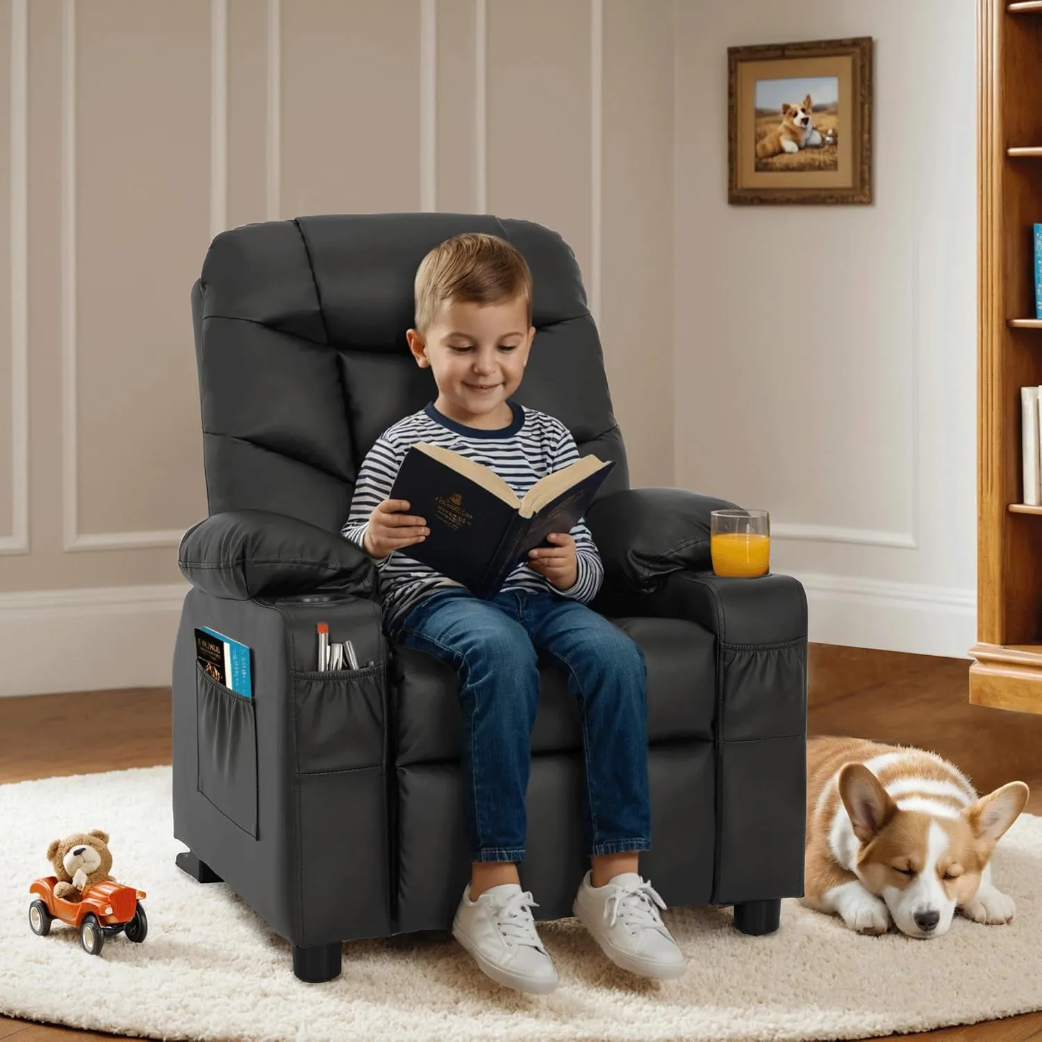 MCombo Big Kids Recliner for Ages 3 , Child Reclining Chair, Toddlers Recliner Sofa with Cup Holders (Faux Leather, Black)