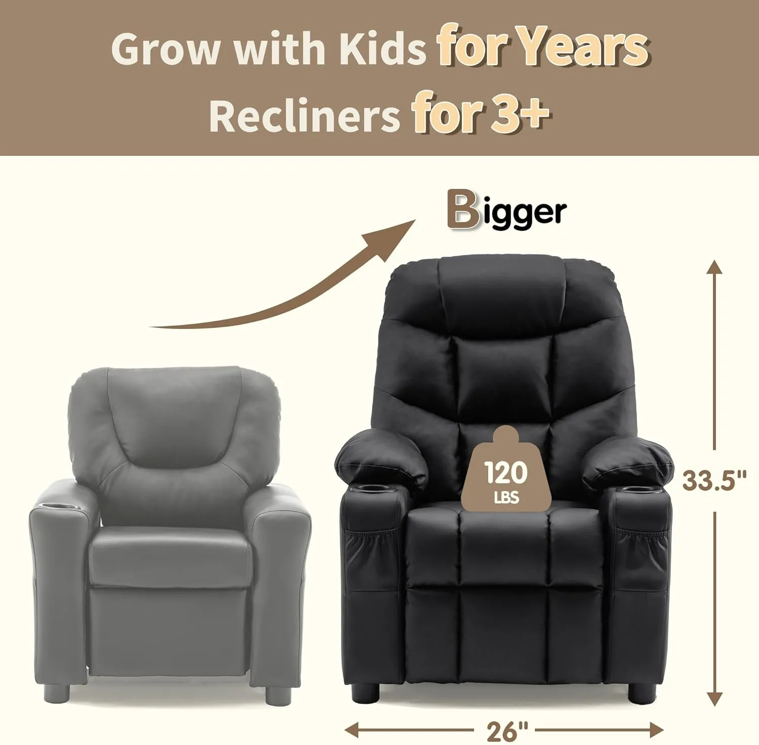 MCombo Big Kids Recliner for Ages 3 , Child Reclining Chair, Toddlers Recliner Sofa with Cup Holders (Faux Leather, Black)