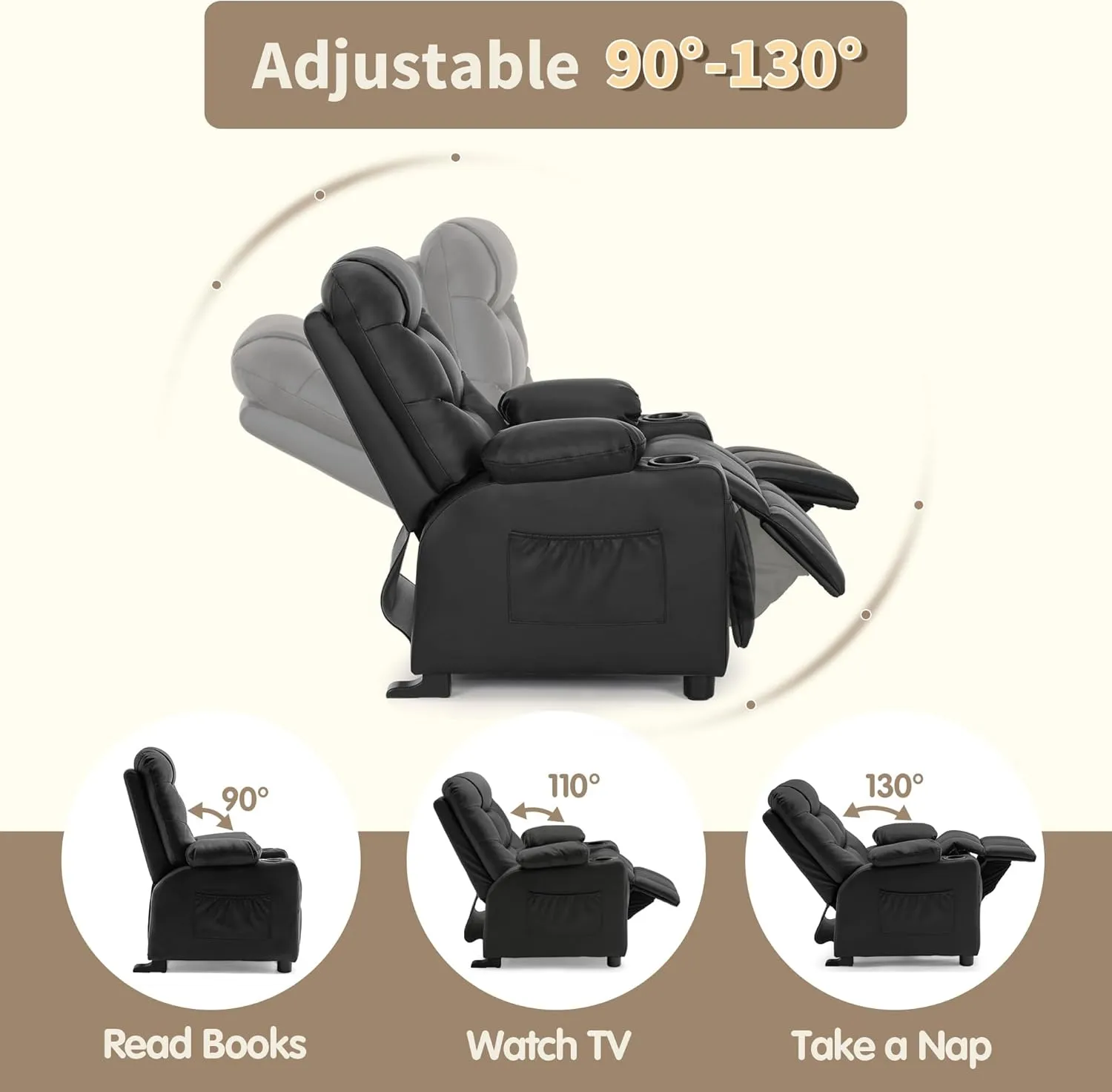MCombo Big Kids Recliner for Ages 3 , Child Reclining Chair, Toddlers Recliner Sofa with Cup Holders (Faux Leather, Black)
