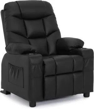 MCombo Big Kids Recliner for Ages 3 , Child Reclining Chair, Toddlers Recliner Sofa with Cup Holders (Faux Leather, Black)