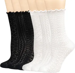 Mcool Mary Women's Ruffle Socks Mesh Casual Lace Cotton Crew Socks Summer Ultra Thin Cool Frilly Ankle Socks for Women 6 Pairs