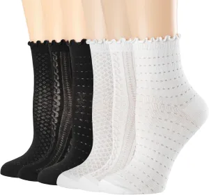 Mcool Mary Women's Ruffle Socks Mesh Casual Lace Cotton Crew Socks Summer Ultra Thin Cool Frilly Ankle Socks for Women 6 Pairs