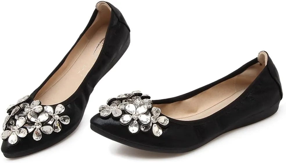 Meeshine Womens Foldable Soft Pointed Toe Ballet Flats Rhinestone Comfort Slip on Flat Shoes